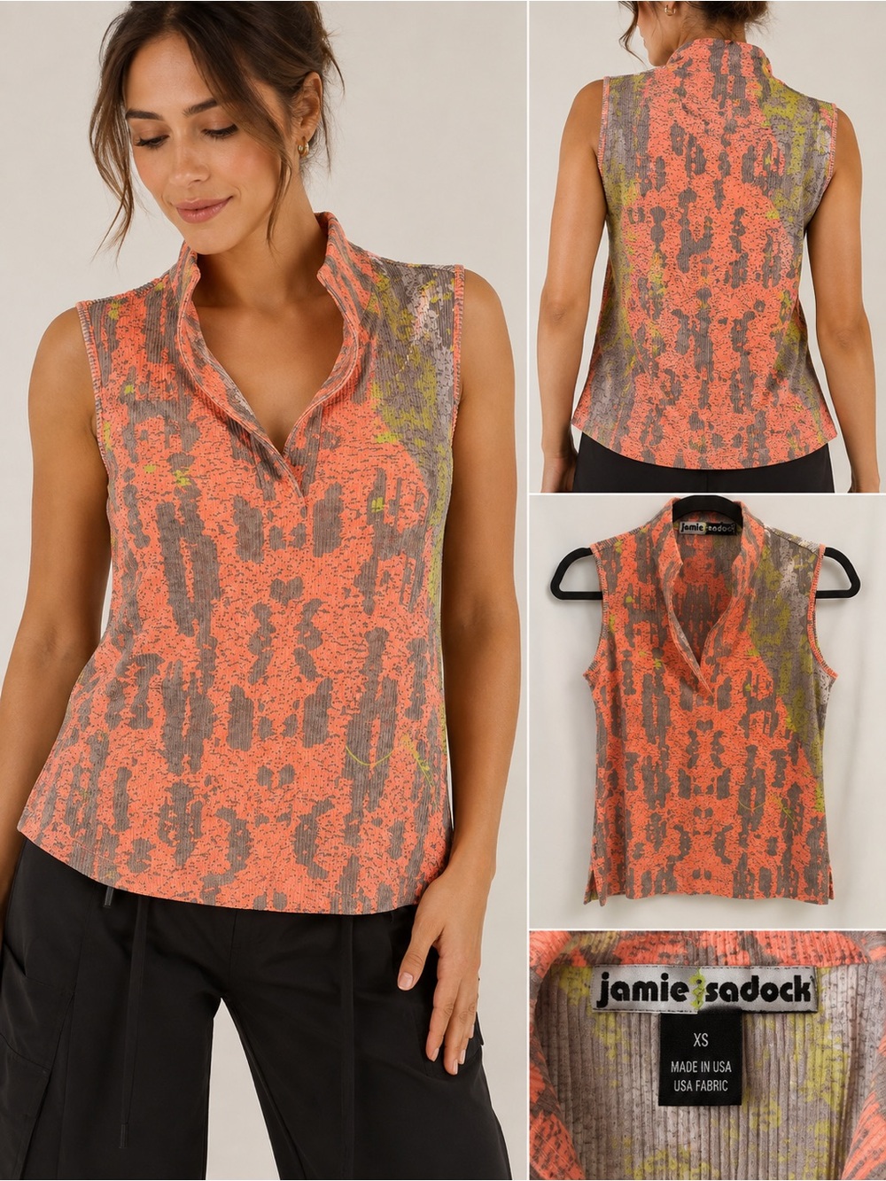 Jamie sadock Coral-Gray Multi Print Sleeveless Polo Top